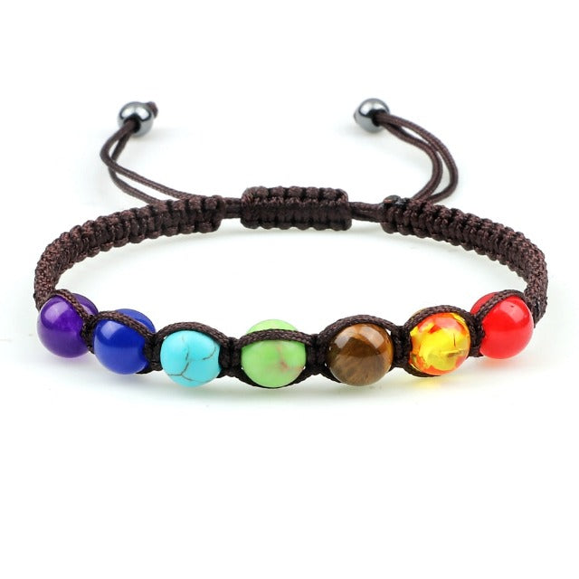 7 Chakras Braided Curb Chain Bracelet Men Women Genuine Stones brown