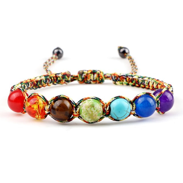 7 Chakras Braided Curb Chain Bracelet Men Women Genuine Stones multicolor