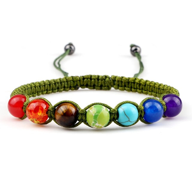 7 Chakras Braided Curb Chain Bracelet Men Women Genuine Stones green