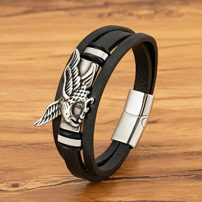 Eagle Leather Bracelet for Men Silver