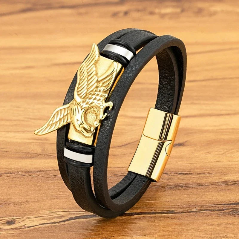 Eagle Leather Bracelet for Men Gold