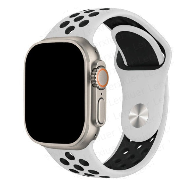 White and black Apple Watch Sport band