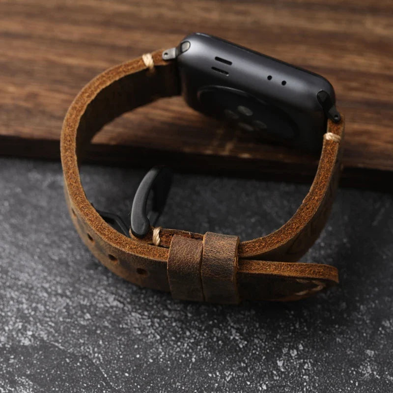 Men's Apple Watch Bracelet in Genuine Black Thick Leather