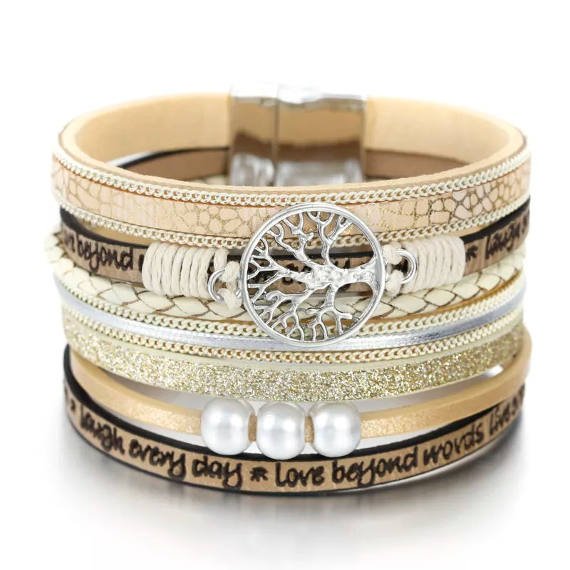 Tree of Life Bracelet Leather Cuff Beige