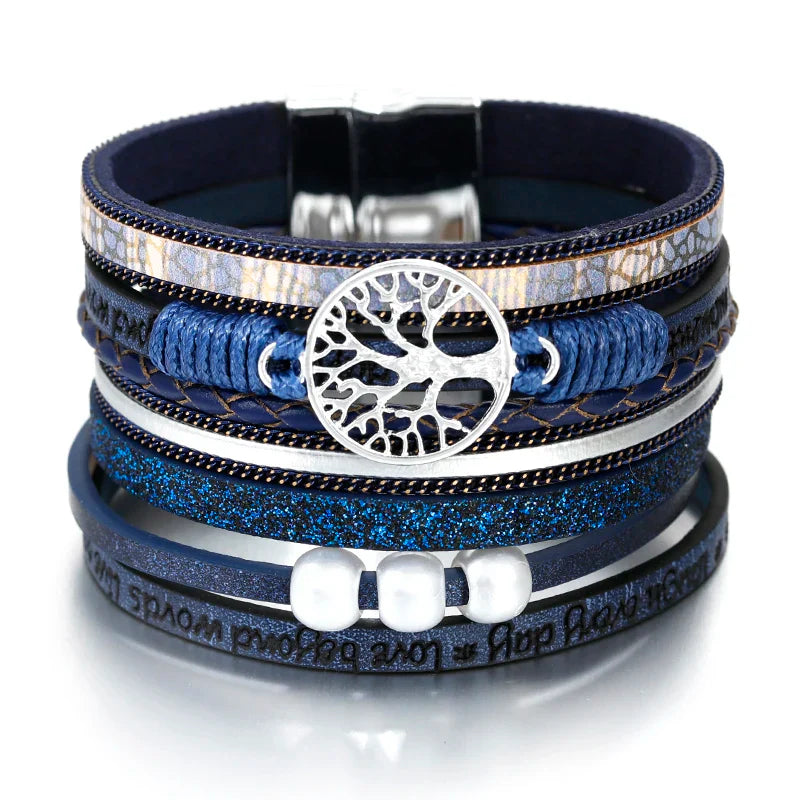 Tree of Life Bracelet Leather Cuff Blue