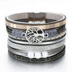 Tree of Life Bracelet Leather Cuff Grey