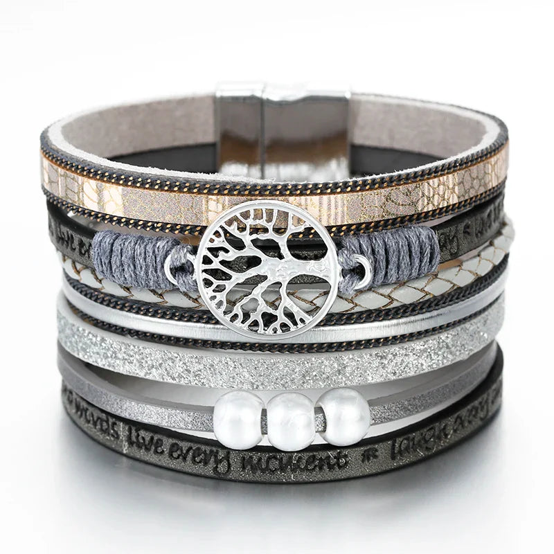 Tree of Life Bracelet Leather Cuff Grey