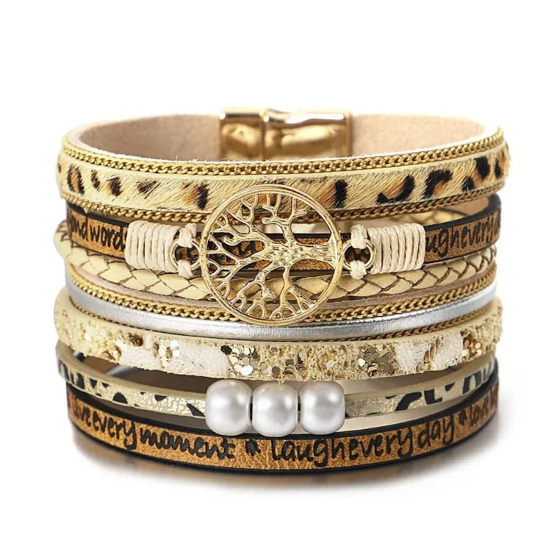 Tree of Life Bracelet Leather Cuff Leopard