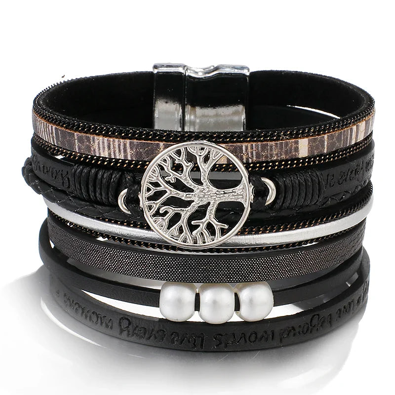 Tree of Life Bracelet Leather Cuff Black