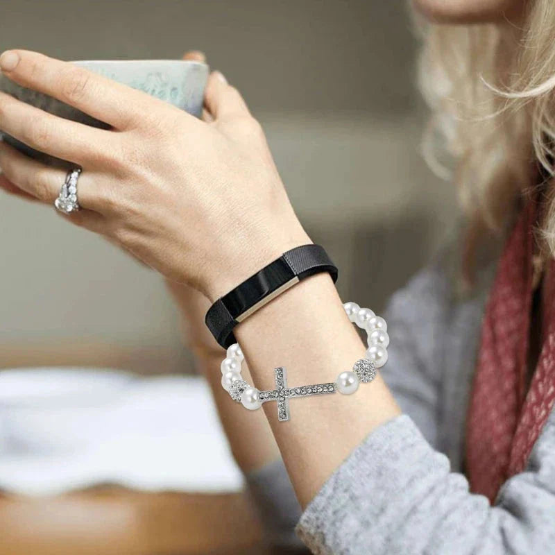 Bracelet with White Pearls and Cross