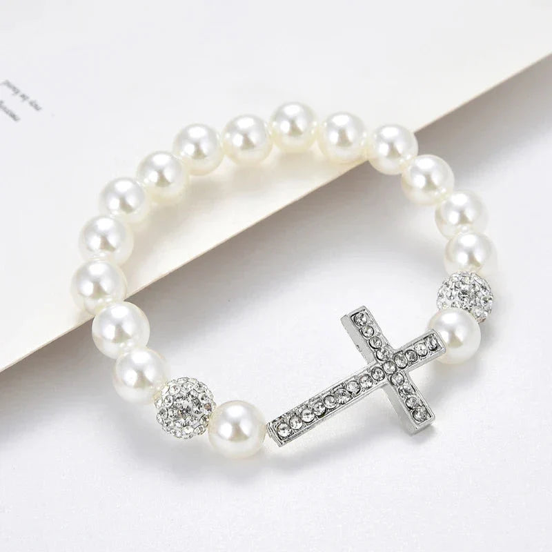 Bracelet with White Pearls and Cross