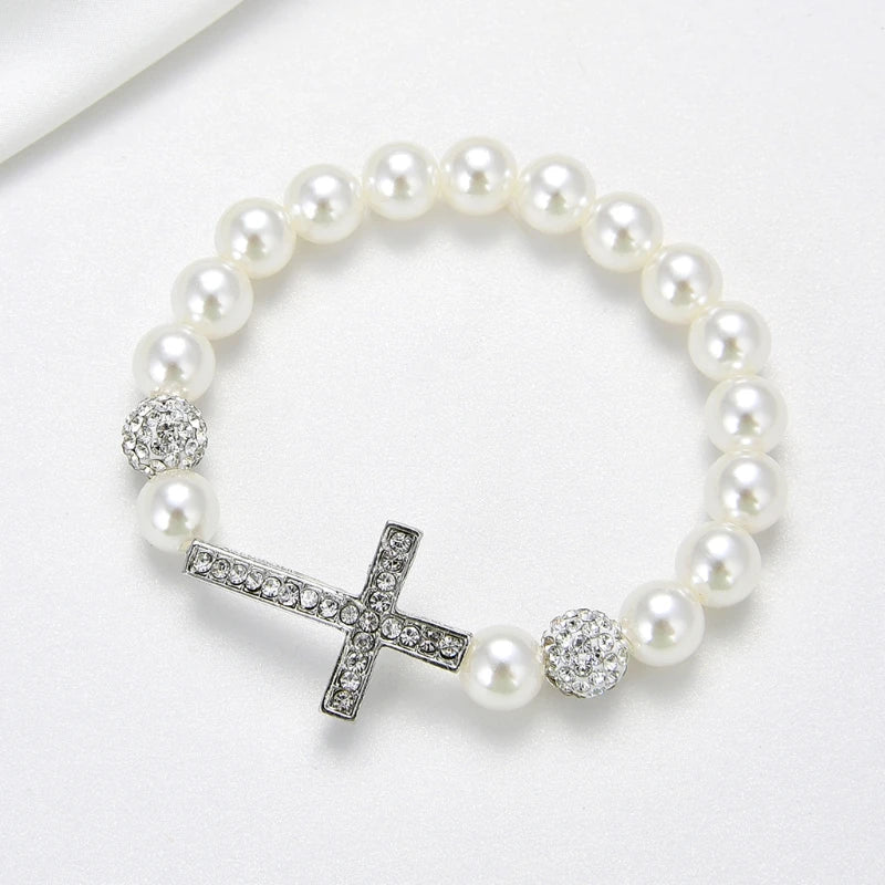 Bracelet with White Pearls and Cross