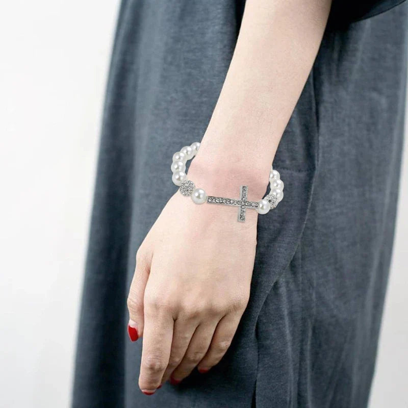 Bracelet with White Pearls and Cross
