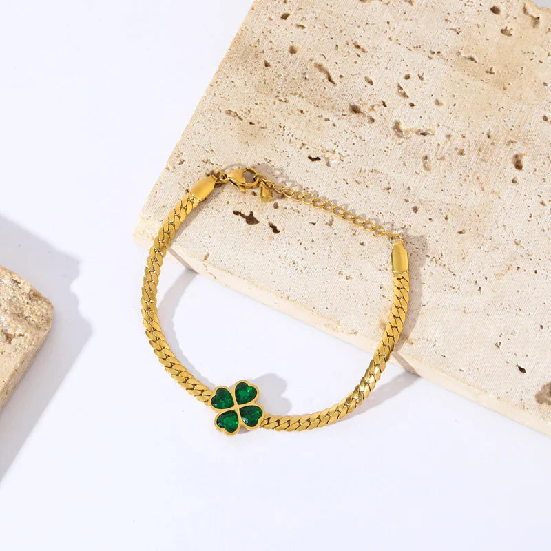 Bracelet with Green Crystal Four-Leaf Clover