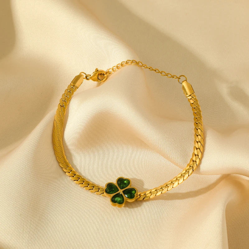 Bracelet with Green Crystal Four-Leaf Clover