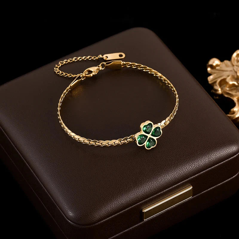 Bracelet with Green Crystal Four-Leaf Clover