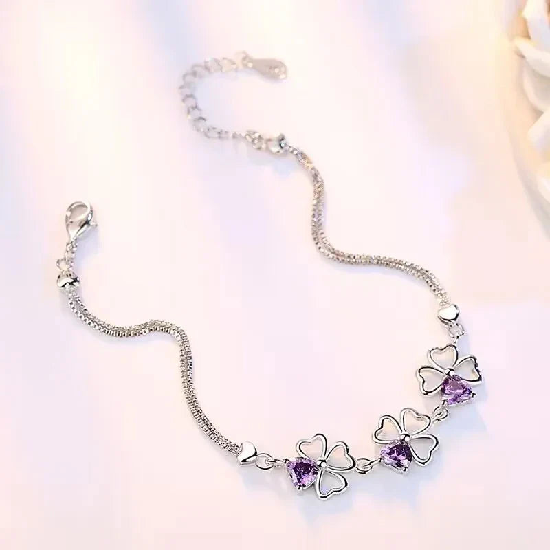 Bracelet with Four-Leaf Clovers with Violet Zircon
