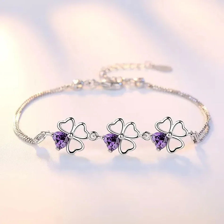 Bracelet with Four-Leaf Clovers with Violet Zircon