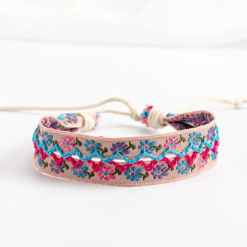 Boho Brazilian Handcrafted Embroidered Bracelet beige and blue
