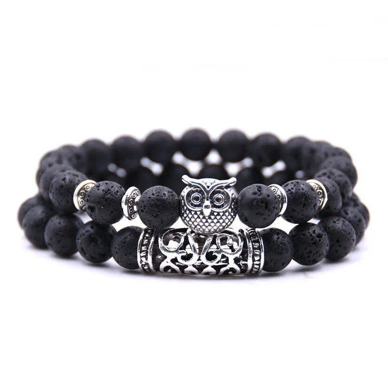 Owl Bracelet - Owl Link Bracelet Very Dark Grey Beads