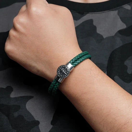 Men's Compass Bracelet Leather Compass Rose of the Winds Green