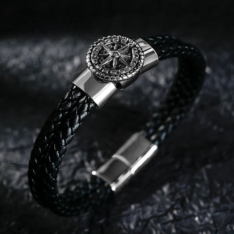 Men's Compass Bracelet Leather Compass Rose of the Winds Black