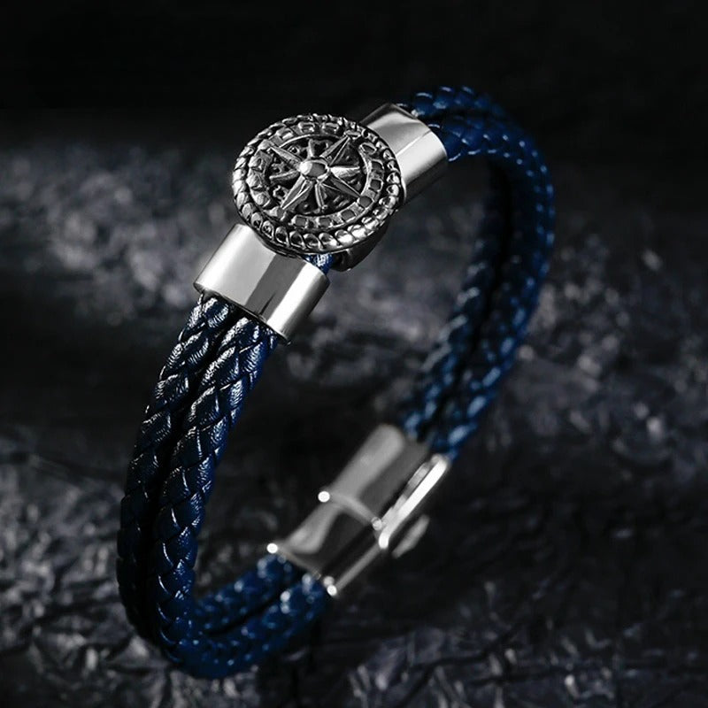 Men's Compass Bracelet Leather Compass Rose of the Winds Blue