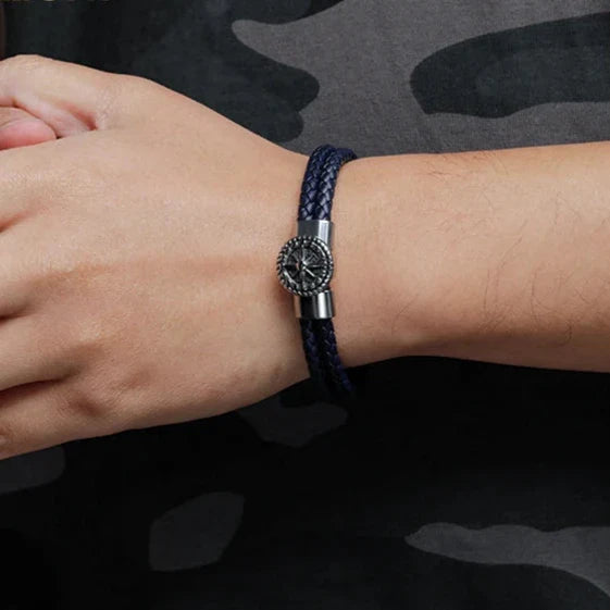 Men's Compass Bracelet Leather Compass Rose of the Winds Black