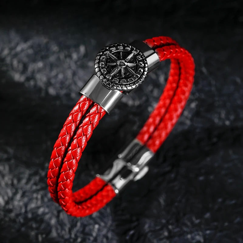 Men's Compass Bracelet Leather Compass Rose of the Winds Red