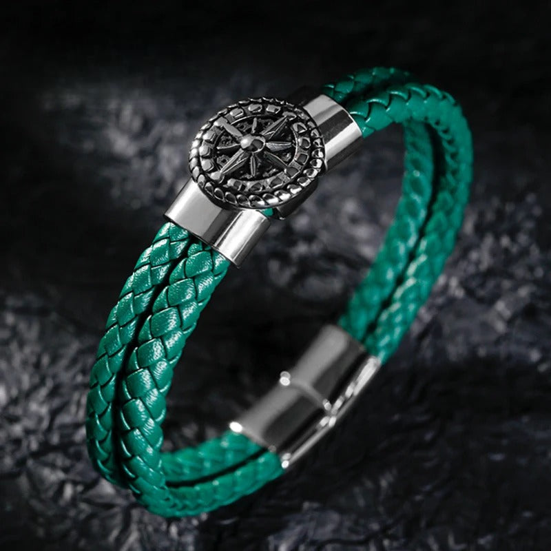 Men's Compass Bracelet Leather Compass Rose of the Winds Green