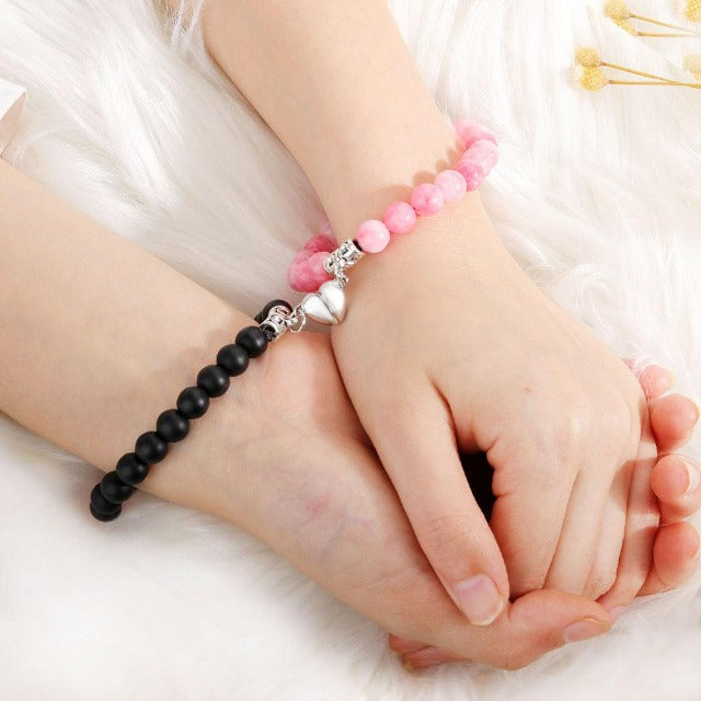 Couple Bracelet with Pink and Black Beads