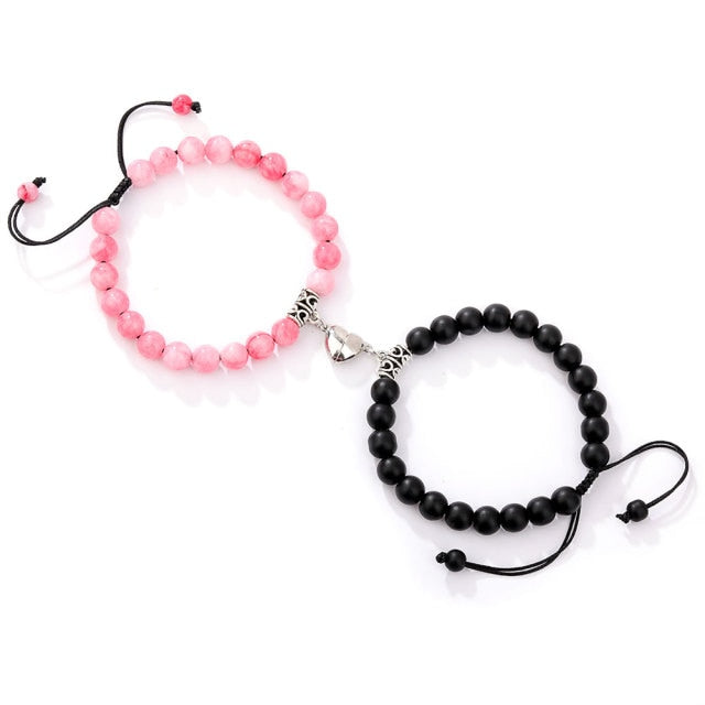 Couple Bracelet with Pink and Black Beads