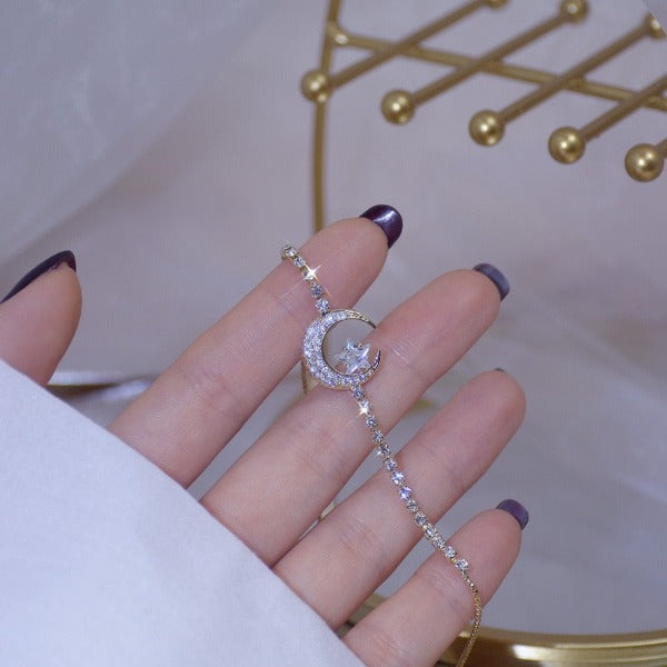 Women’s Crescent Moon Bracelet Chain with Zircon Stones