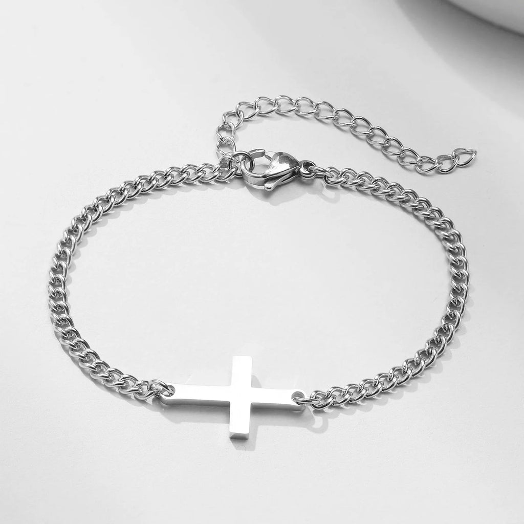 Cross Bracelet Cuban Chain for Men or Women Silver