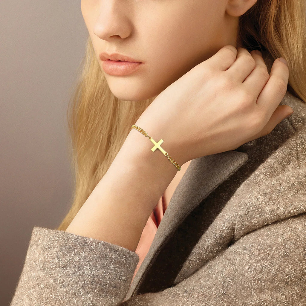 Cross Bracelet Cuban Chain for Men or Women Gold