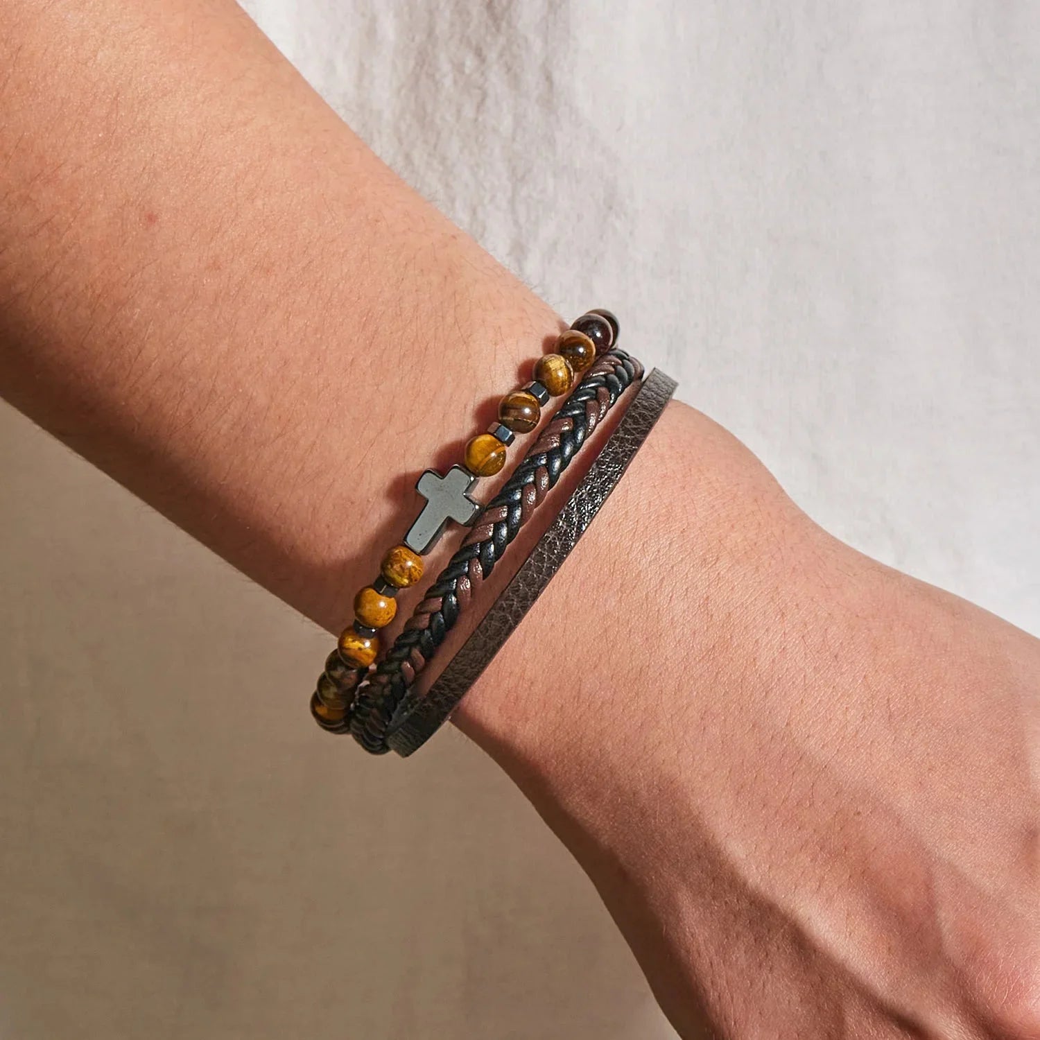 Natural Stone and Leather Rosary Cross Bracelet