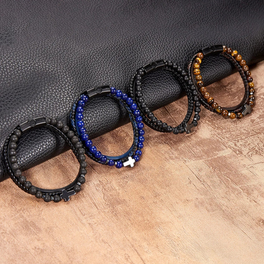 Natural Stone and Leather Rosary Cross Bracelet