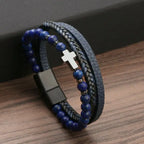 Natural Stone and Leather Rosary Cross Bracelet