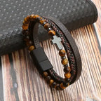 Natural Stone and Leather Rosary Cross Bracelet