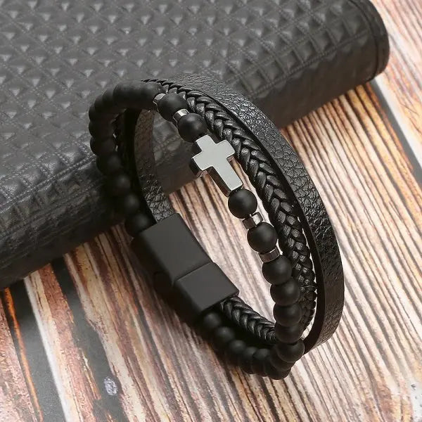 Natural Stone and Leather Rosary Cross Bracelet