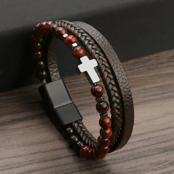 Natural Stone and Leather Rosary Cross Bracelet