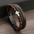 Natural Stone and Leather Rosary Cross Bracelet