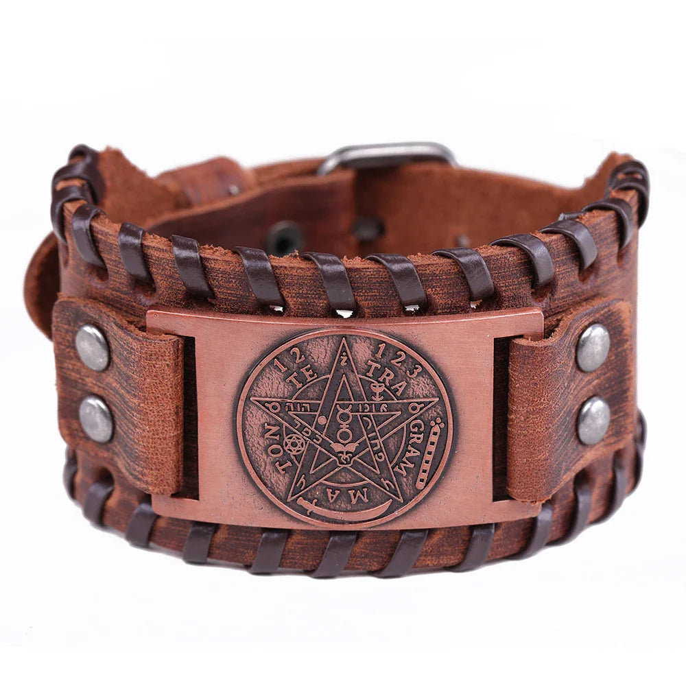 Wiccan Pentacle Sorcery Leather Bracelet Chain Bracelet 3