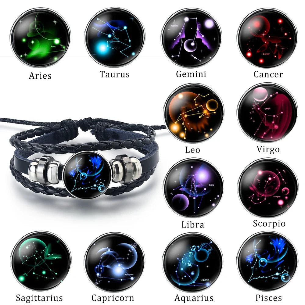 12 Constellations Zodiac Sign Leather Bracelet