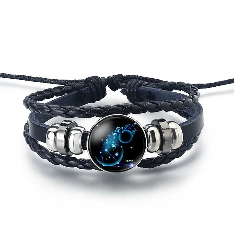 12 Constellations Zodiac Sign Leather Bracelet Aquarius