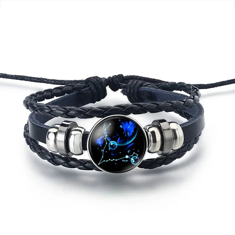 12 Constellations Zodiac Sign Leather Bracelet Pisces