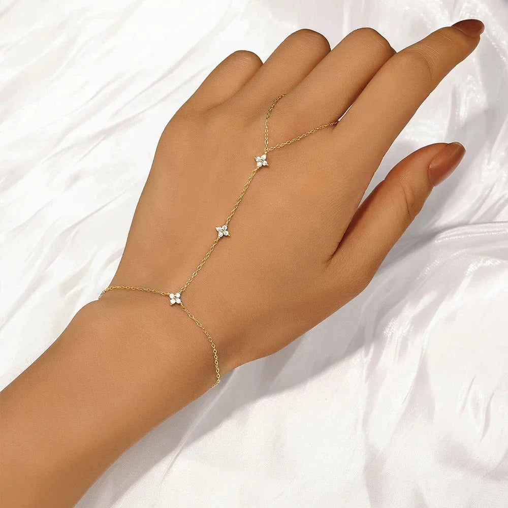 Gold Zircon Flower Hand Chain Bracelet