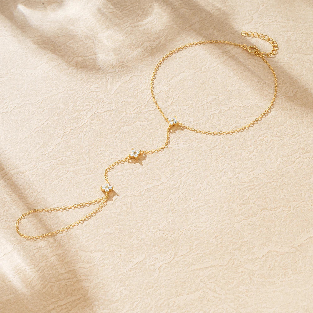 Gold Zircon Flower Hand Chain Bracelet
