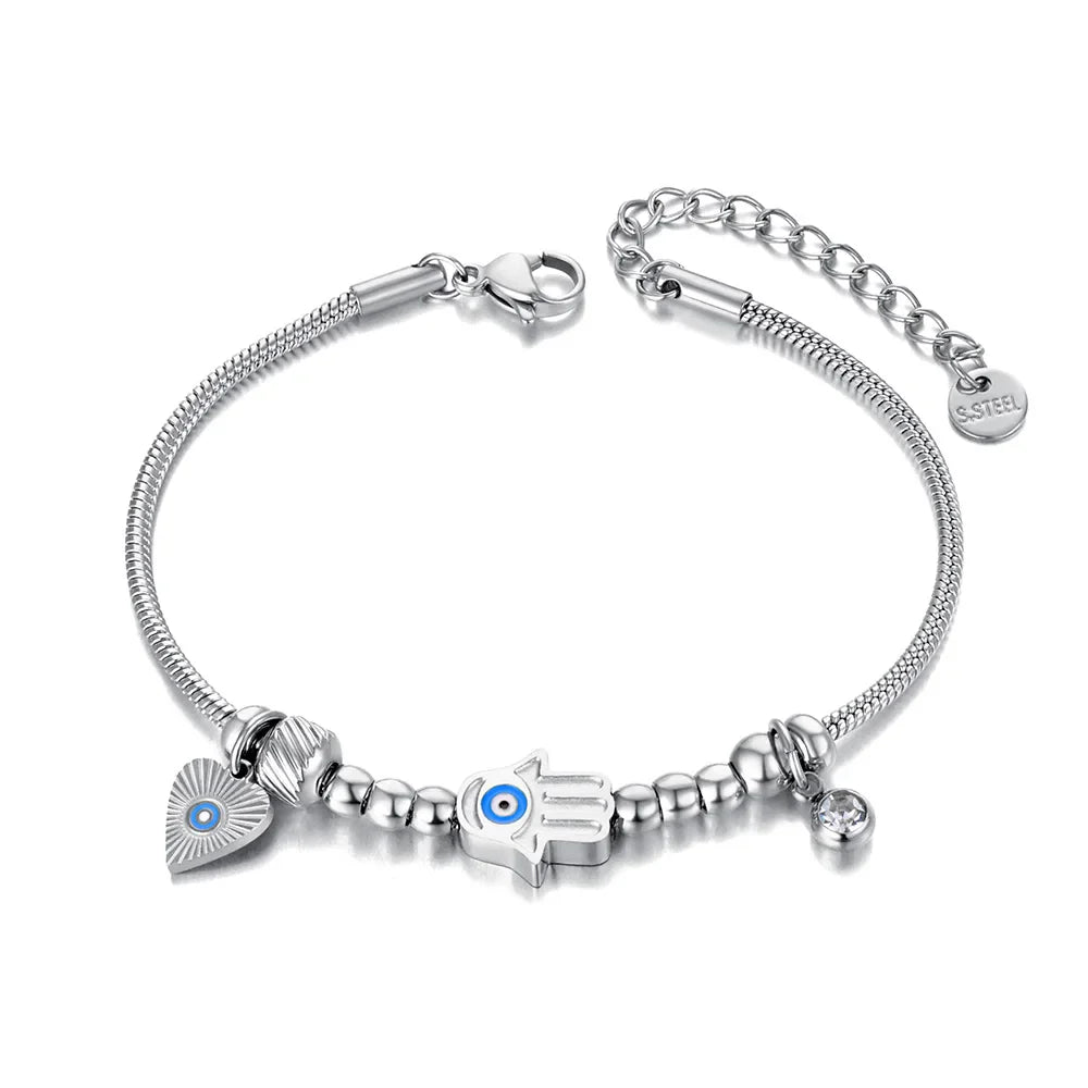 Protection Bracelet with Hamsa Hand and Blue Eye silver