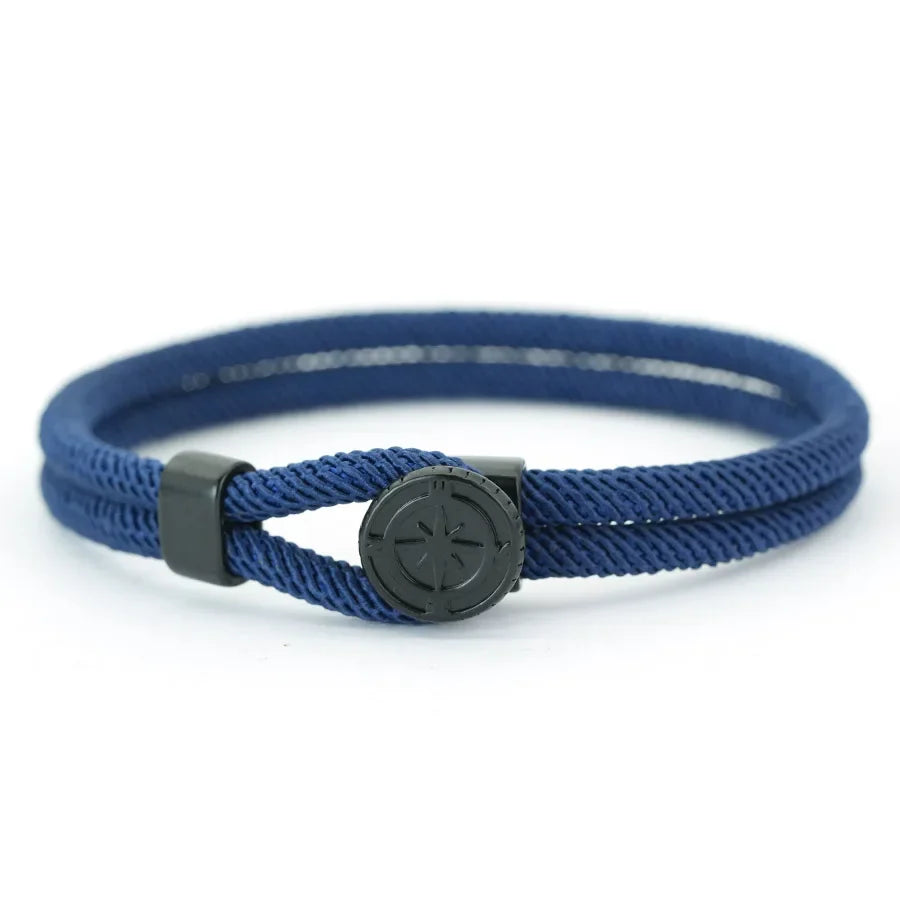 Rope Bracelet with Black Compass Rose of the Winds navy blue